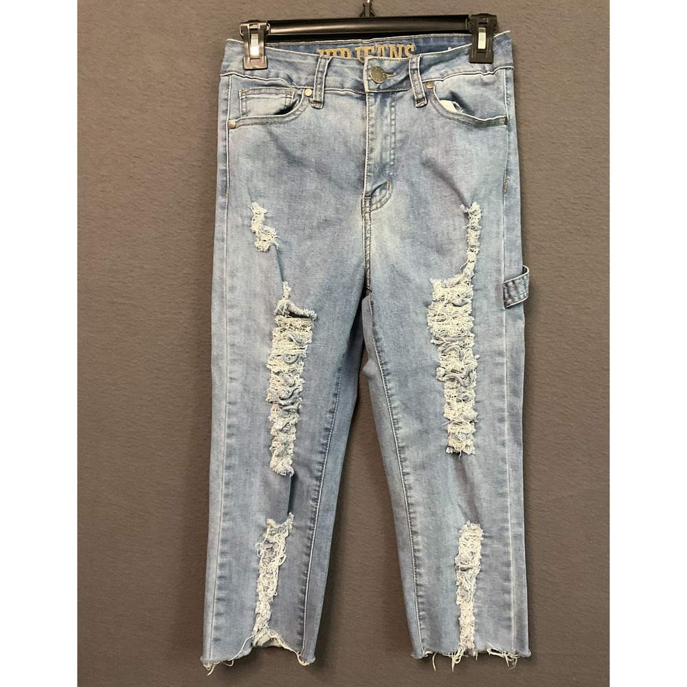 VIP Jeans Womens 3/4 Light Wash Distressed Ripped Cropped Denim Casual‎ Pants